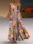 Plus Size Patchwork Print Dress Casual Sleeveless Crew Neck Maxi Dress For Spring & Summer Women's Plus Size Clothing