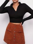 Solid Color Mock Neck Crop T-Shirt Versatile Long Sleeve Zipper Front Slim Top For Spring & Fall Women's Clothing