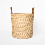 Wicker Round Basket With Faux Leather Handles - Large - 37CM X 33CM 40CM Height With Handles