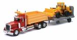 Peterbilt 379 Dump Truck Red And Wheel Loader Yellow With Flatbed Trailer Long Haul Truckers Series 1 32 Diecast Model By New Ra