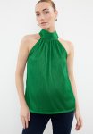 High Collar Regular normal Pattern Pleated Knitted Blouse - Green