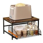 Klm Pull Out Spice Rack Organizer For Cabinet Rustic Wood Top With Wire Basket Storage Kitchen Countertop Organizer And Storage