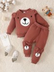 2PCS Baby Boys Casual Cute Warm Fleece Outfits Bear Pattern Round Neck Long Sleeve Sweatshirt & Bear Print Pants Set For Autumn