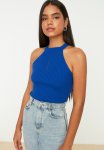 Basic Halter Neck Knitwear Blouse - Sax