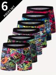 6 Pcs Men's Stylish Colorful Graffiti Stretchy Boxer Briefs - Comfy & Antibacterial & Breathable Underwear Set