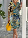 Floral Print V Neck Dress Elegant Short Sleeve Dress For Spring & Summer Women's Clothing