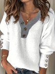 Contrast Trim V Neck Sweater Casual Long Sleeve Pullover Sweater Women's Clothing