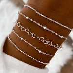 5PCS SET Esimple Daily Style Silver Color Thin Chain Bracelet Silver Plated Stacking Bracelets
