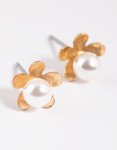 Goldair Gold Pearl Flower Stud Earrings