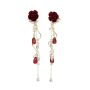 Red Wine Color Rose Flower Tassel Earrings