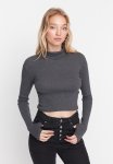 Fitted Turtleneck Finger Detailed Ribbed Stretchy Blouse - Anthracite