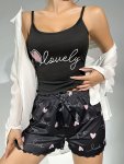 Letter & Heart Print Pajama Set Scoop Neck Cami Top & Lettuce Trim Shorts Women's Sleepwear & Loungewear