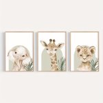 3PCS Modern Neutral Animal Canvas Print Wall Art Elephant Lion Giraffe Green Leaves Jungle Animal Prints For Bedroom Playroom De