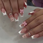 24PCS SET French Square Tips Nude Color With Bow & Heart Press-on Nail Art Stickers Removable Reusable False Nails For Women And