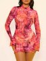 Allover Print Mock Neck Dress Sexy Long Sleeve Mini Bodycon Sheer Dress Women's Clothing