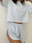 Casual Stripe Print Lounge Set Comfy Short Sleeve Round Neck Crop Top & Side Split Shorts Women's Loungewear For Fall Winter