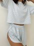 Casual Stripe Print Lounge Set Comfy Short Sleeve Round Neck Crop Top & Side Split Shorts Women's Loungewear For Fall/ Winter