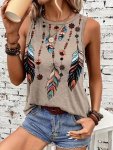 Feather Print Crew Neck Tank Top Casual Sleeveless Tank Top For Summer Women's Clothing