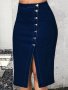 Plus Size Elegant Denim Skirt Women's Plus Single-breasted Split High Waisted Medium Stretch Plain Denim Skirt