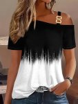 Ombre Print Slant Shoulder T-Shirt Short Sleeve Chain Strap Leisure T-Shirt For Spring & Summer Women's Clothing