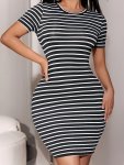 Striped Knotted Side Bodycon Dress Elegant Crew Neck Short Sleeve Dress For Spring & Summer Women's Clothing