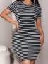 Striped Crew Neck Bodycon Dress Elegant Short Sleeve Dress For Spring & Summer Women's Clothing