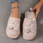 Cute Bowknot Soft Sole Fuzzy Slippers Winter Cozy & Warm Slip On Plush Shoes Comfy Closed Toe Home Slippers