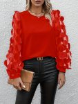 Applique Mesh Splicing Blouse Elegant Crew Neck Long Sleeve Blouse For Spring & Fall Women's Clothing