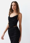 Crop Shiny Stone Knitted Tulle Blouse - Black