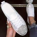 Glittering Rhinestone Women's Sneakers Fashionable Platform Casual Shoes Comfortable Versatile White Lace-up Flats