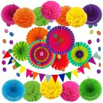 20-PIECE Colorful Fiesta Paper Fan & Tissue Paper Pom Pom Set - Perfect For Birthday Wedding Fiesta Or Mexican Party Decorations