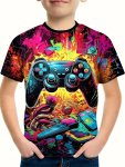 Cartoon Colorful Gamepad 3D Print Boys Creative T-Shirt Casual Lightweight Comfy Short Sleeve Tee Tops Boys Clothes For Summer