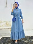 Ramadan Solid Button Front Kaftan Casual Long Sleeve Ruffle Hem Dress Without Hijab Women's Clothing