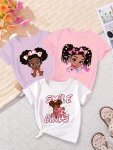 Smile Girls & Cute Cartoon African Girls Graphic Print Tees Girls 3PCS SET Comfy & Trendy T-shirts For Spring & Summer Girls Clo