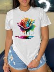 Colorful Rose Graphic Print T-Shirt Short Sleeve Crew Neck Casual Top For Summer & Spring Women's Clothing