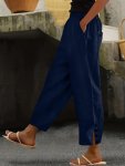 Plus Size Solid Slant Pockets Pants Vacation Slim Elastic Waist Button Decor Pants For Spring & Summer Women's Plus Size Clothin