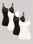 4 Pcs Leopard & Zebra Stripe & Solid Color Strap Top Casual Scoop Neck Sleeveless Skinny Cami Top For Summer Women's Clothing