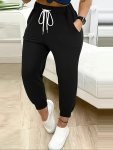 Women's Stretchy Solid Color Casual Pants With Drawstring Waist And Pockets - Machine Washable Polyester Blend