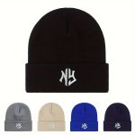 Unisex Embroidered Letter Acrylic Knit Beanie - Casual Style 100% Acrylic Warm Skull Cap For Outdoor Activities Knitted Ear Prot