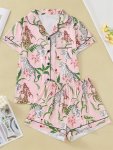 Women's Tiger & Plant Print Casual Pajama Set Short Sleeve Buttons Lapel Top & Shorts Comfortable Relaxed Fit