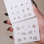 6 Pairs Silvery Stud Earrings Set With Shiny Rhinestone Decor Elegant Simple Style Zinc Alloy Jewelry Trendy Female Gift