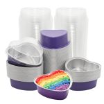 Wuyituart 100 Pack 3.4OZ Aluminum Cake Pans With Lids Heart Shaped Cupcake Cups With Lids Flan Baking Cups Dark Purple