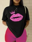 Crowned Lips Print Casual T-Shirt Crew Neck Short Sleeve Top For Spring & Summer Women's Clothing