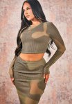 Abstract Mesh Panel Crop Top - Khaki