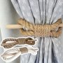 Wooden Curtain Tieback Rope With Fastening Rod - Rustic Curtain Holder For Room Decoration Brown White