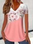 Floral Print V Neck T-Shirt Casual Short Sleeve Top For Spring & Summer Women's Clothing