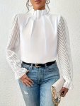 Elegant Solid Color Mock Neck Blouse With Asymmetrical Ruffle Hem And Wave Pattern Long Sleeves For Women - Perfect For Fall win