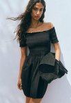 Smocked Off-the-shoulder Dress - Black