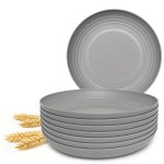 8PCS Premium Wheat Straw Plates - 22.35CM Hard Plastic Plates Reusable Unbreakable Microwave Safe Deep Dinner Plates Set Outdoor