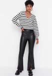 Flare Woven Faux Leather Cuff Detail Trousers - Black